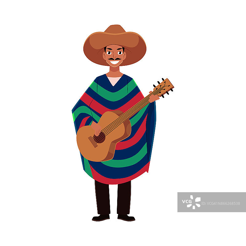 一个墨西哥男子，戴着传统的墨西哥帽和披着斗篷，弹着吉他图片素材