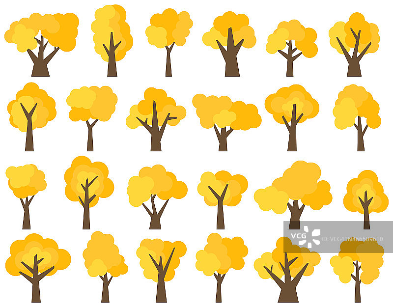 一套24个不同的卡通黄色树孤立在白色的背景图片素材