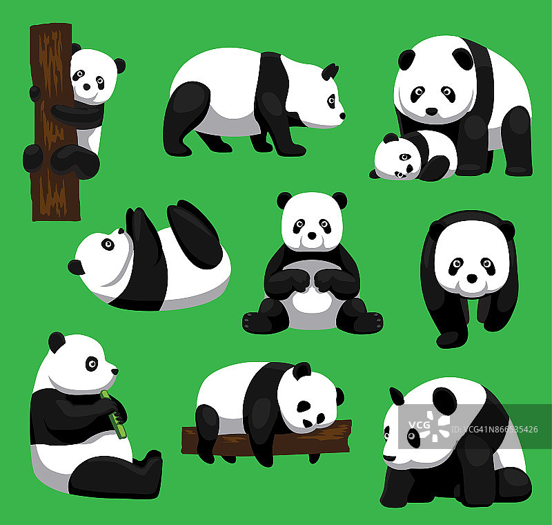 熊猫九个姿势卡通矢量插图图片素材