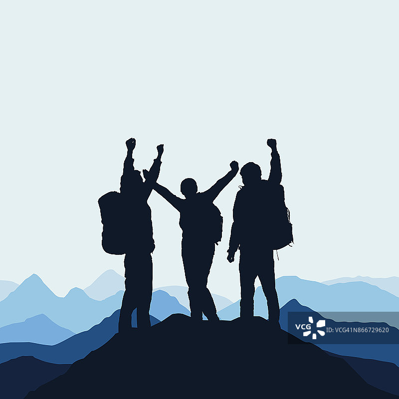 矢量插图的山景观与现实剪影的登山者在岩石的顶部与一个胜利的姿态在蓝天下图片素材