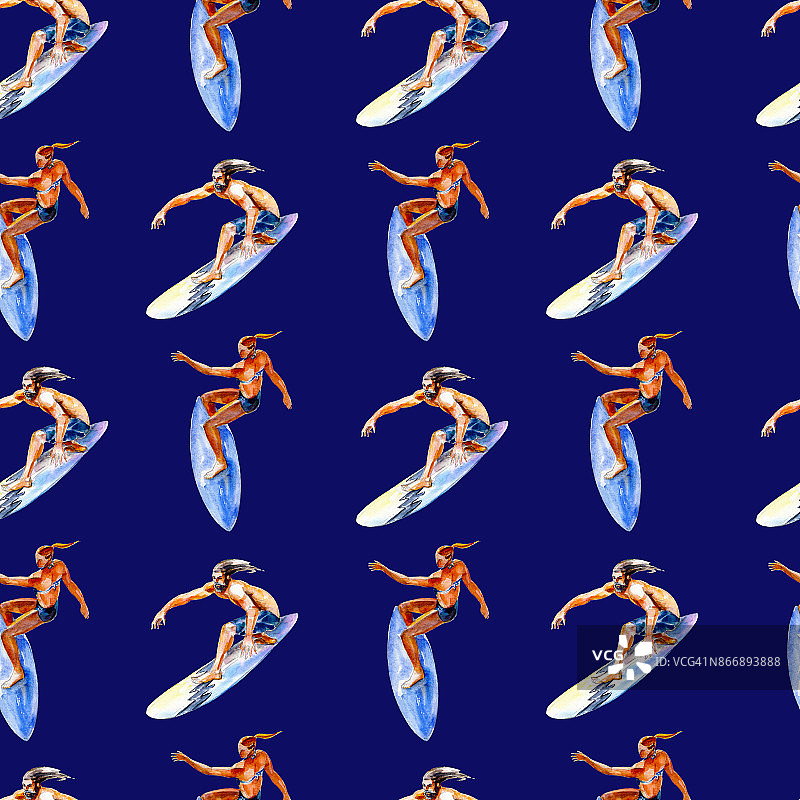 水彩无缝模式与冲浪者的蓝色背景，明亮的手绘夏季背景。图片素材