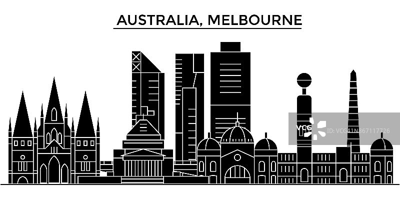 澳大利亚，墨尔本建筑向量城市天际线，旅游城市景观与地标，建筑，孤立的景观背景图片素材