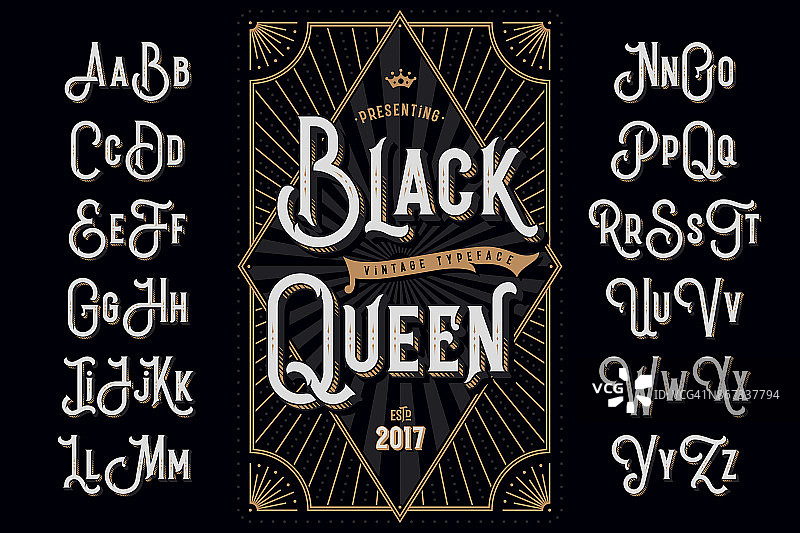 装饰字体命名为“黑皇后”与挤压线条效果和老式标签模板图片素材