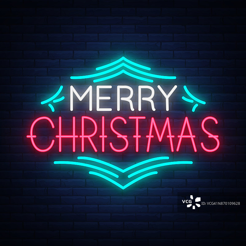 圣诞快乐文字模板，设计字母模板，封面采用霓虹风格。明亮发光的横幅，霓虹招牌，夜晚的祝福与圣诞。矢量图图片素材