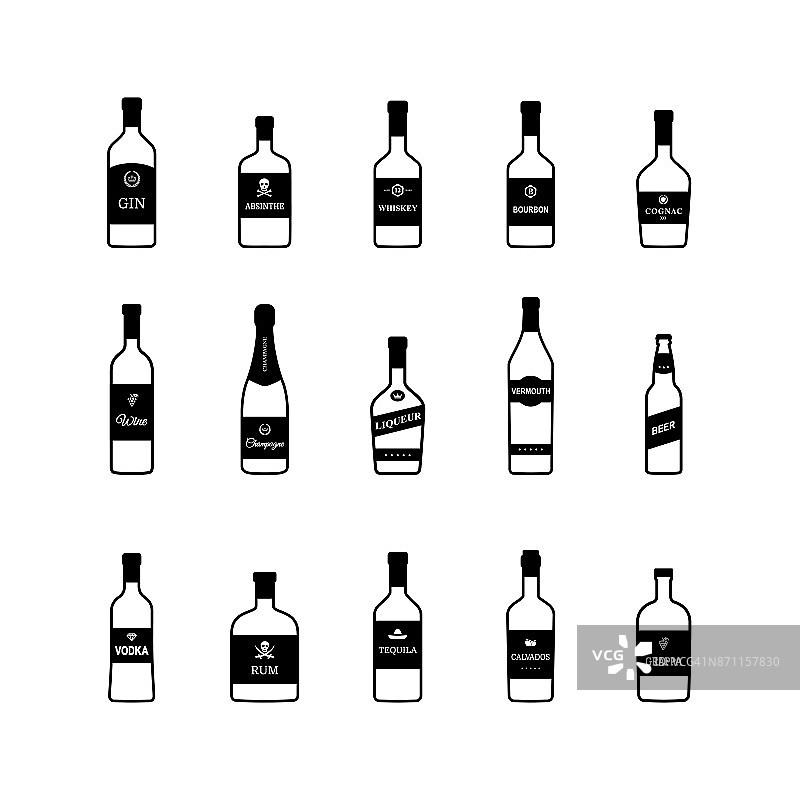 酒瓶酒精饮料的图标为黑色和白色。向量图片素材