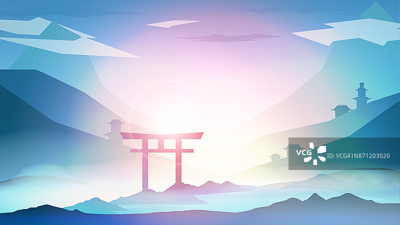 日本景观背景与山脉和拱形日落与雾矢量插图图片素材
