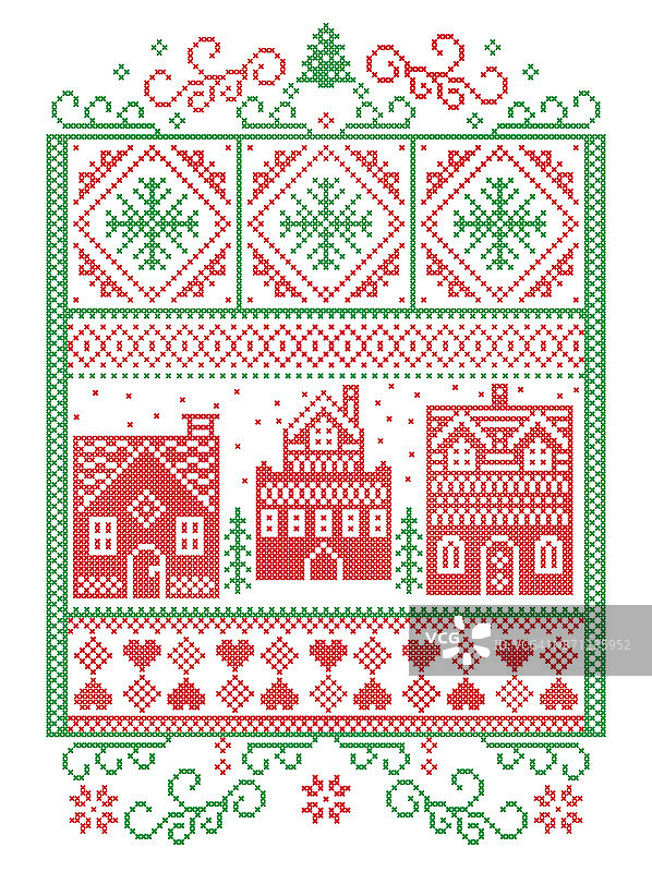 圣诞北欧、北欧风格的冬季拼接，图案包括雪花、心形、冬季仙境村、姜饼屋、教堂、圣诞树、雪中的红色、绿色的长方形框架图片素材