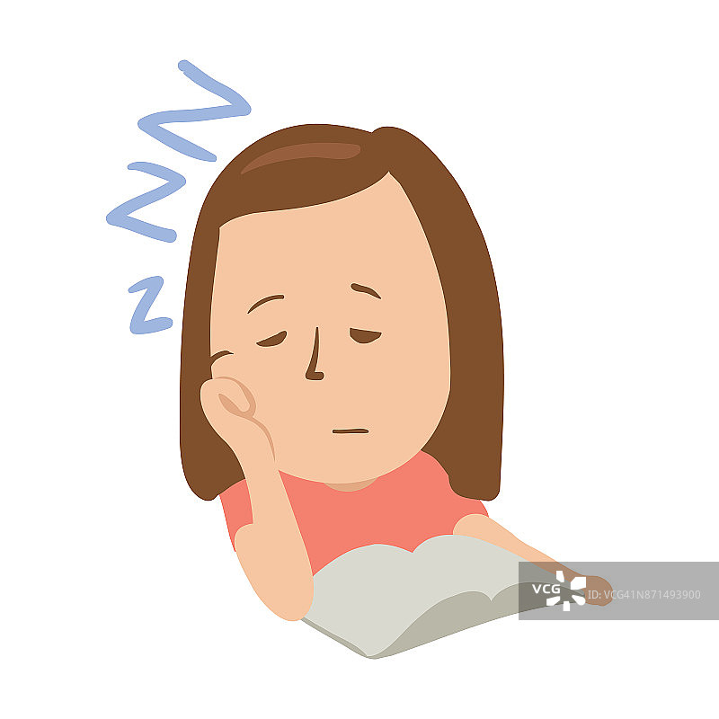 睡着的女孩闭着眼睛，在一本打开的书前面。孤立的平面插图上的白色背景。卡通矢量图像。图片素材