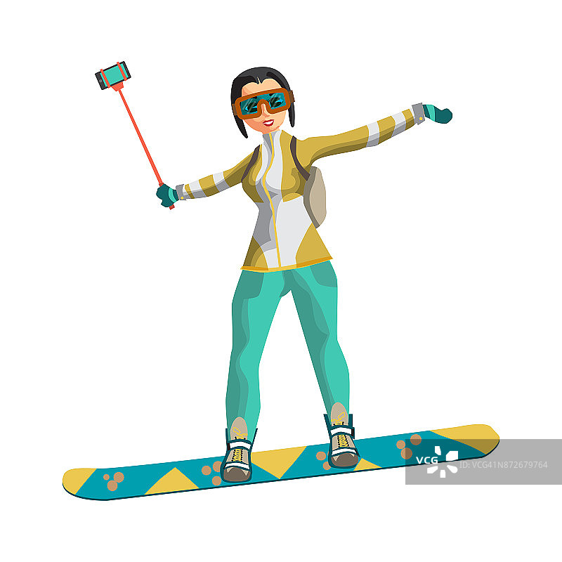 一名女子拿着一根自拍棒在山上滑雪图片素材