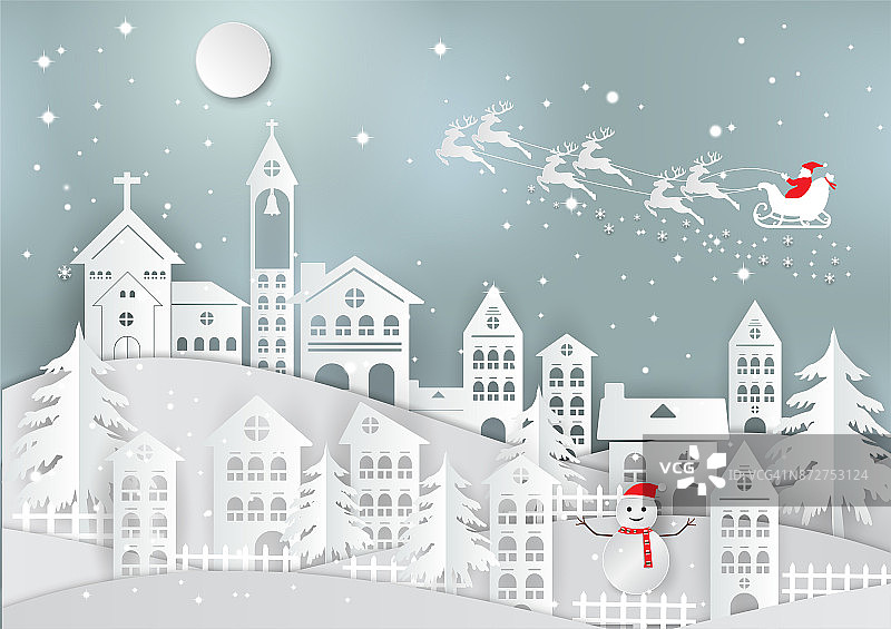 寒假有家和圣诞老人的背景。圣诞季节。矢量插图纸艺术风格图片素材