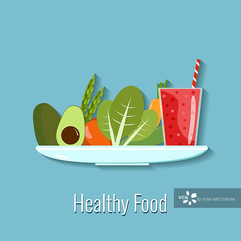 矢量插图的健康食品。蔬菜和冰沙放在一个盘子里图片素材