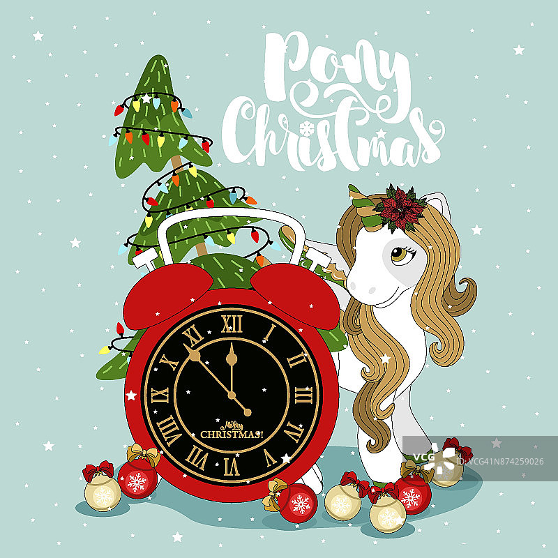 圣诞小马在一个冬天的背景与字母。矢量插图。图片素材