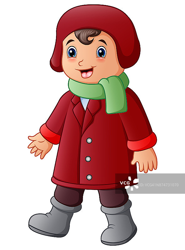 卡通男孩在红色的冬装和绿色的围巾图片素材