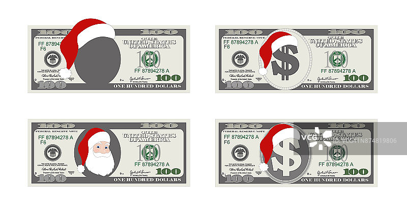 印有圣诞老人图案的100美元钞票模板。100美元的圣诞特卖。适用于折扣卡，传单，优惠券，传单，代金券。矢量在平面风格。图片素材