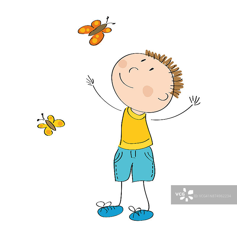快乐的男孩或男人抓蝴蝶-原创手绘插图图片素材