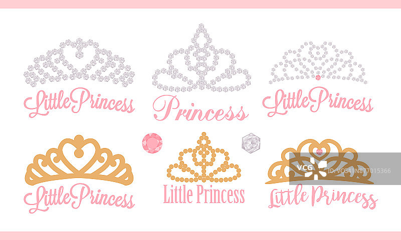 一套小冠冕。王室派对(宝宝、新娘送礼会)矢量设计元素;婚礼:生日:公主的金冠和宝石。图片素材