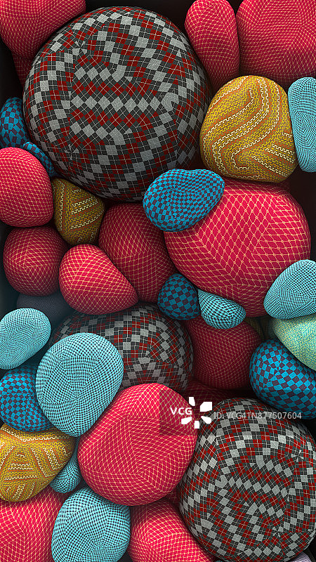 带针织纹理的彩色浮动球体的3D渲染。抽象的成分图片素材
