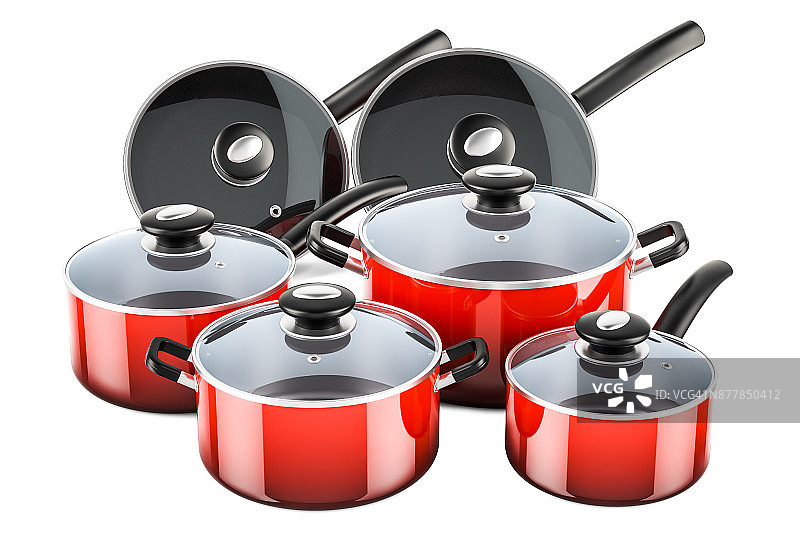 一套红色的厨房用具和炊具。锅和锅，3D渲染孤立的白色背景图片素材