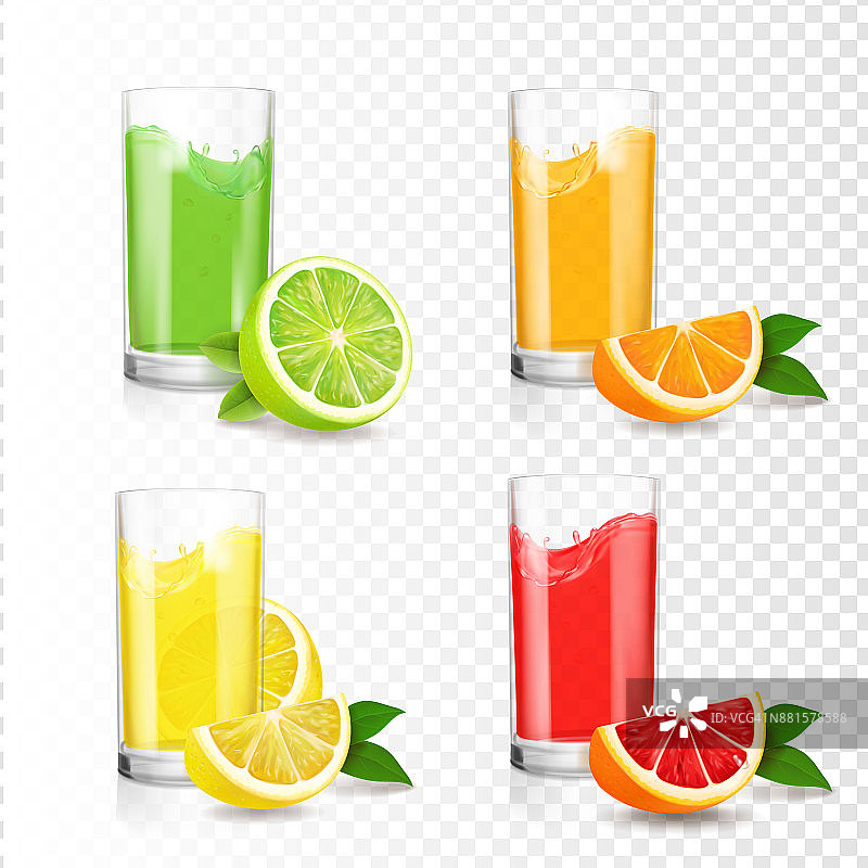 玻璃杯里的新鲜柑橘汁。橙汁、柠檬汁、青柠汁、葡萄柚汁。现实的透明设置矢量插图图片素材