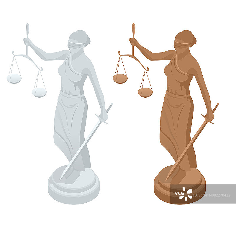 正义之神忒弥斯或费米达的等距雕像，有天平和剑。象征着法律和正义。平面图标矢量插图。图片素材