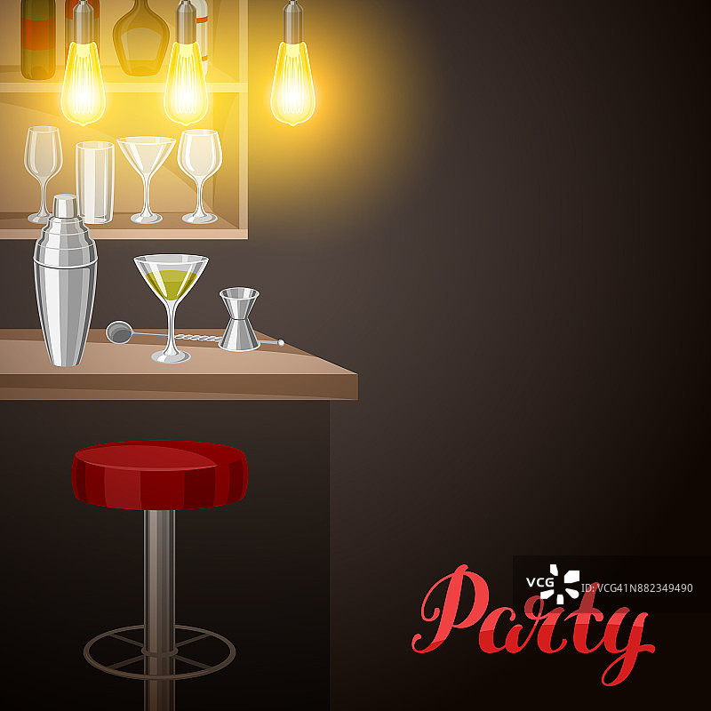 酒吧或夜总会的吧台。室内插图与配件，饮料和鸡尾酒图片素材