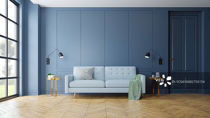 复古现代的客厅内饰，黑色台灯旁的蓝色沙发，parguet地板上的金色桌子和深蓝色的墙壁，3d渲染图片素材