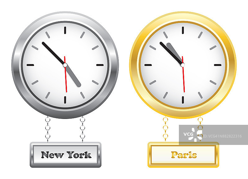 纽约和巴黎的银钟和金钟显示时间——不同的时区图片素材