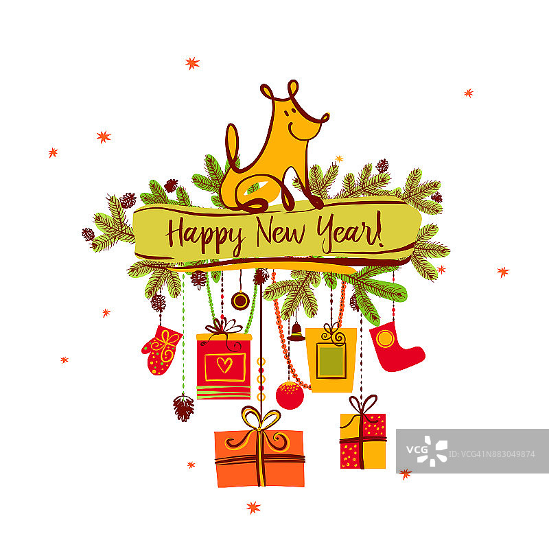 手绘插图设计模板贺卡，海报，旗帜2018年的地球狗。坐在白色背景上的狗和圣诞礼物的素描图像图片素材