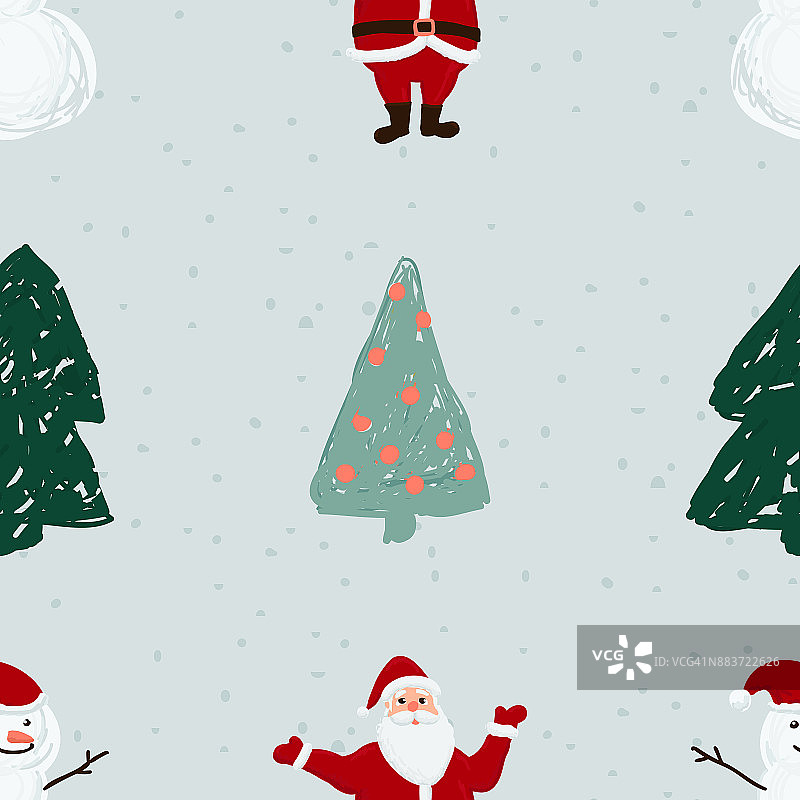 无缝模式与圣诞老人，雪人和圣诞树图片素材