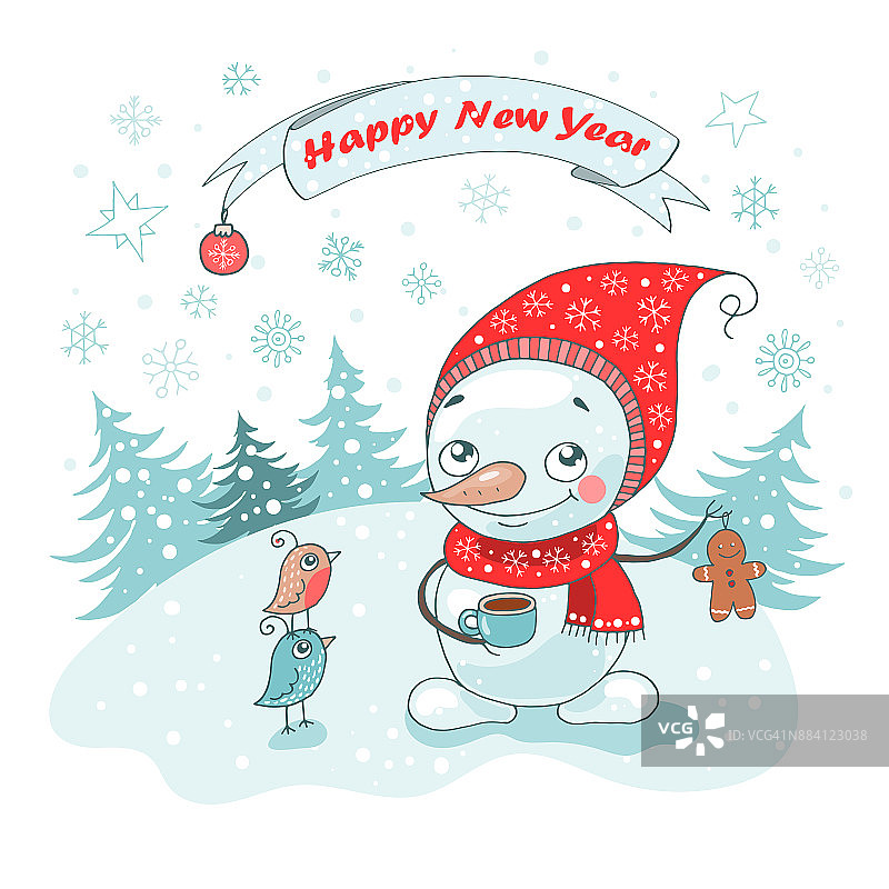 圣诞贺卡与可爱的雪人，小鸟和雪花图片素材