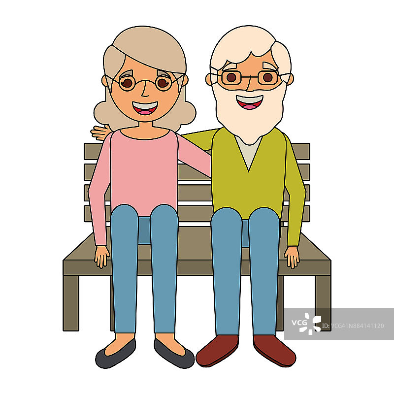 一对幸福的夫妇，祖父母角色坐在长椅上图片素材