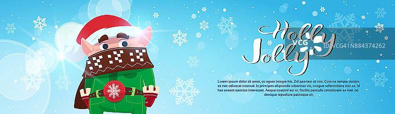 Holly Jolly Poster Merry Christmas Banner绿色精灵在冬季假期横横幅图片素材