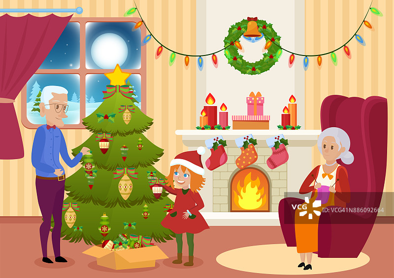 矢量插图的孙女和祖父装饰圣诞树，而祖母编织。圣诞夜的名片。图片素材