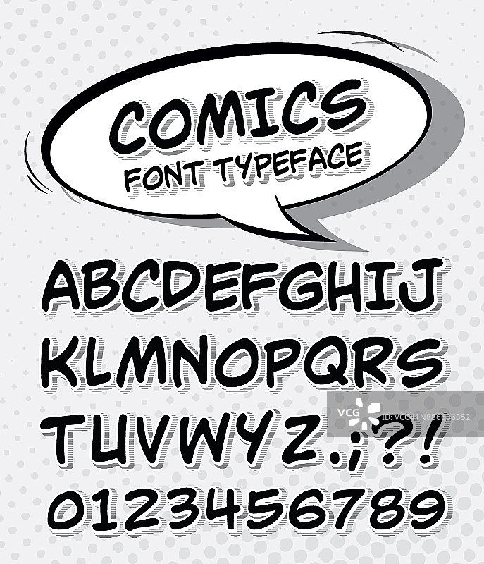 漫画字体。漫画风格的字母，波普艺术图片素材