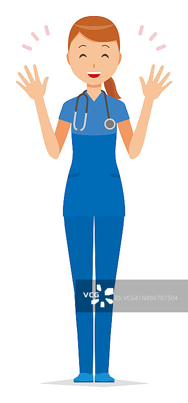 一个戴着蓝色磨砂膏的女护士摊开双手图片素材