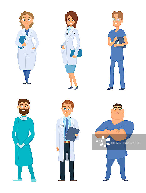 不同的医疗个人。男性和女性医生。卡通人物图片素材