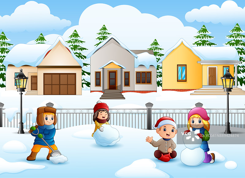 卡通的孩子们在雪村里玩耍图片素材