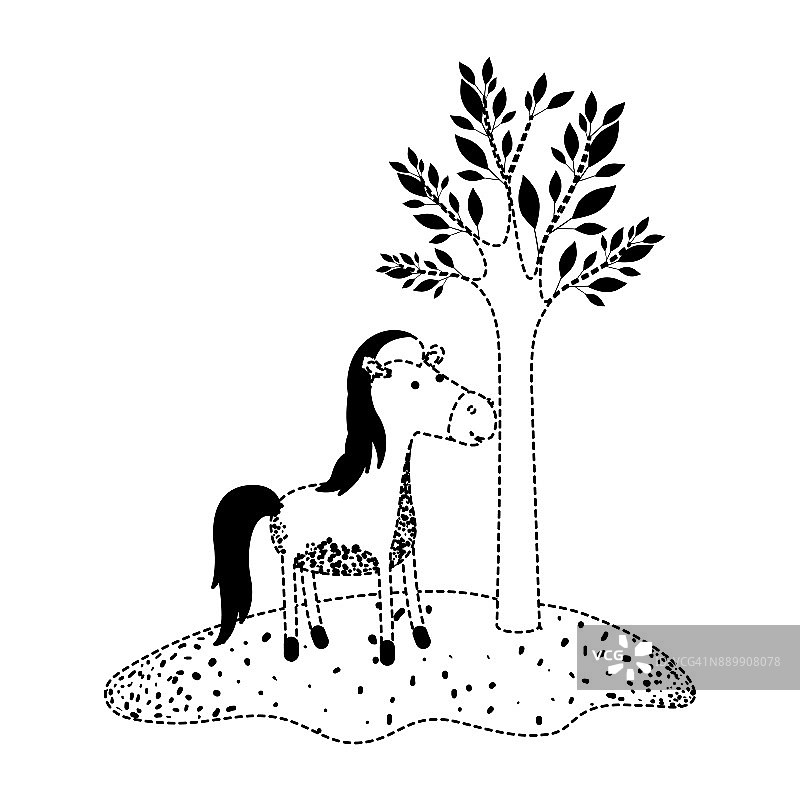 马旁边的卡通树在黑色的虚线剪影图片素材