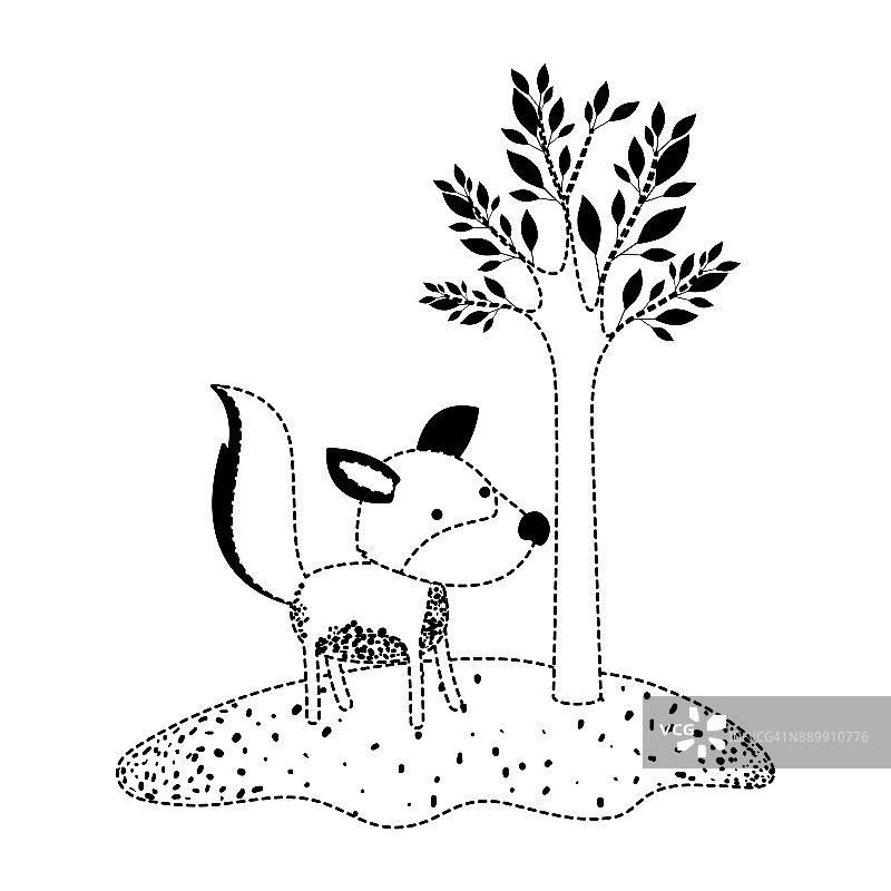 卡通的狼旁边的树在黑色的斑点剪影图片素材