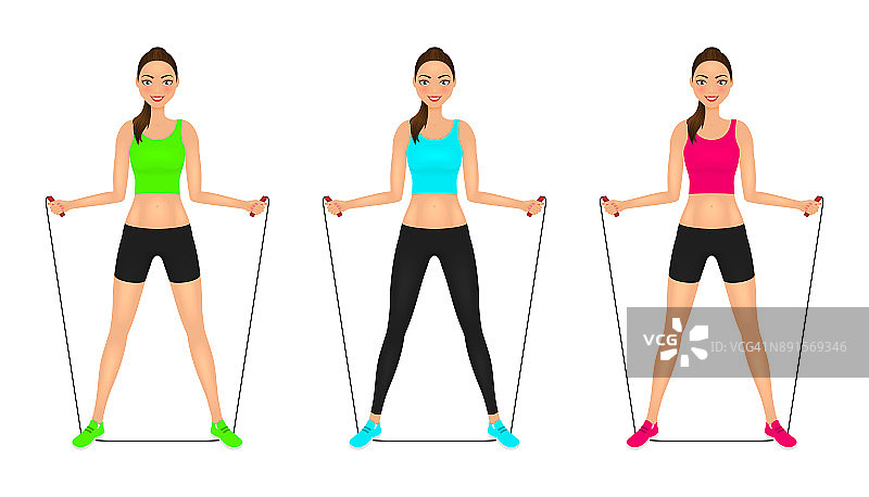 美丽的微笑健身女子摆着跳绳。穿着运动服的健康女孩。向量字符集。图片素材