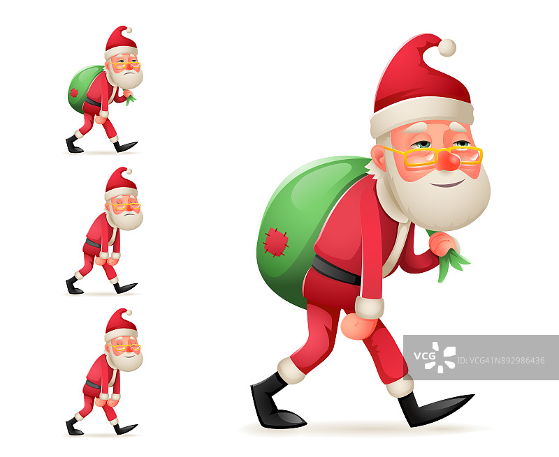 愉快的快乐的满意的圣诞老人沉重的礼物袋卡通走累的悲伤的疲倦的人物设计孤立集矢量插图图片素材
