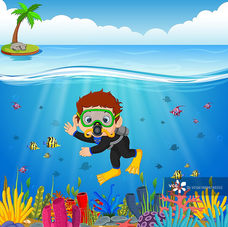 卡通男孩在海里潜水图片素材