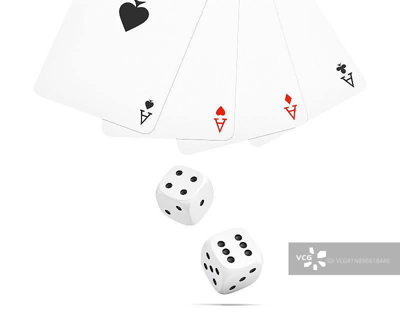 两个白色骰子的3d渲染与四个不同的ace扑克牌孤立在一个白色背景图片素材