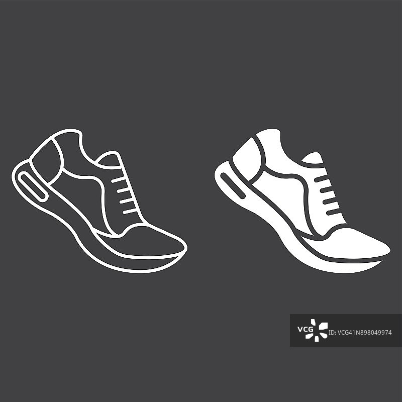 跑鞋线和字形图标，健身和运动，健身标志矢量图形，一个黑色背景上的线性图案，eps 10。图片素材