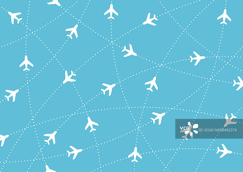 飞机航线。航空旅行。空中交通的剪影。白色飞机孤立在蓝色背景下。图片素材