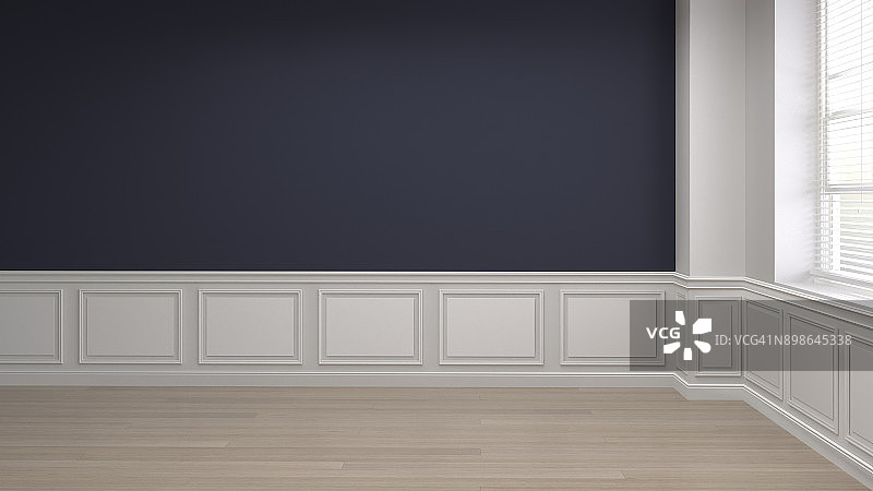空房间蓝色和白色墙壁古典风格的3D渲染房间是空的等待室内设计干净的木地板和窗户与阳光图片复制空间图片素材