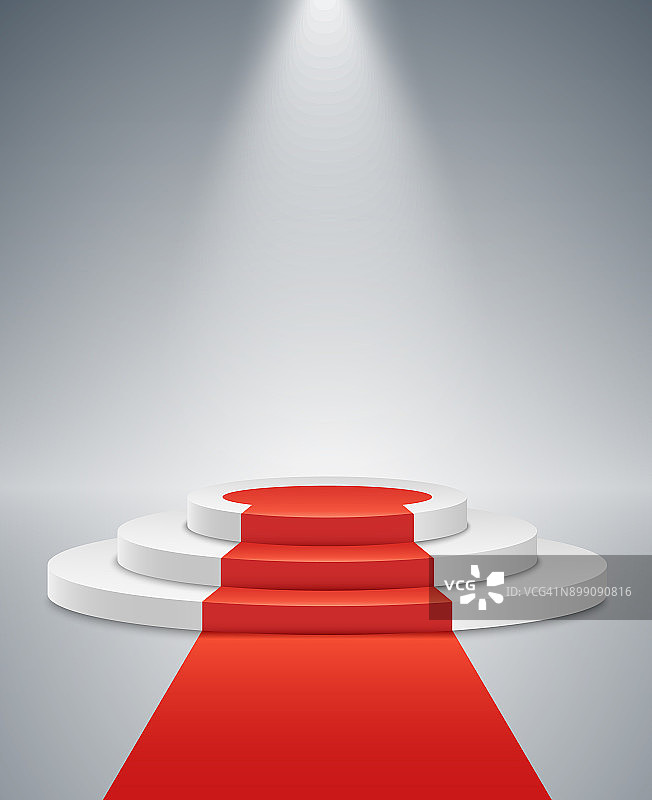白色的讲台和红色的道路上的灯光背景。获胜者是第一名。聚光灯发出的强光光基座。节日活动。矢量插图。图片素材
