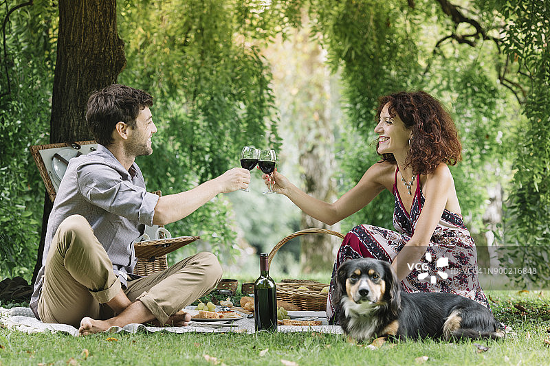 夫妇和狗在公园野餐喝红酒图片素材