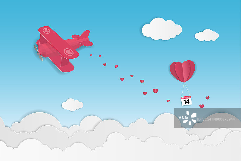 爱情和情人节的主题背景。黄色的飞机在天空中飞行，漂浮着红色的心。纸艺术风格。矢量插图。图片素材