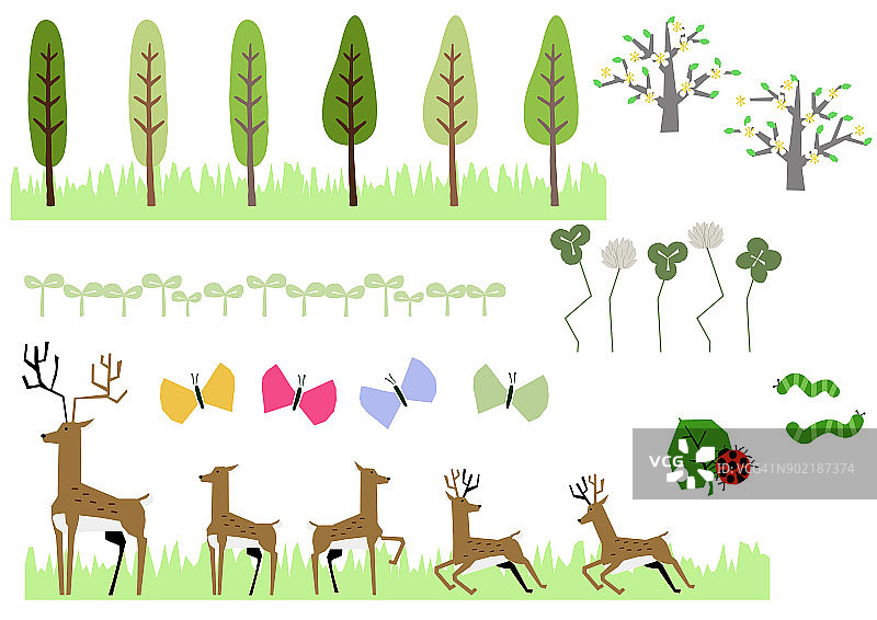 一群鹿和一株春天的植物。春天的形象。春景插图。材料收集。图片素材